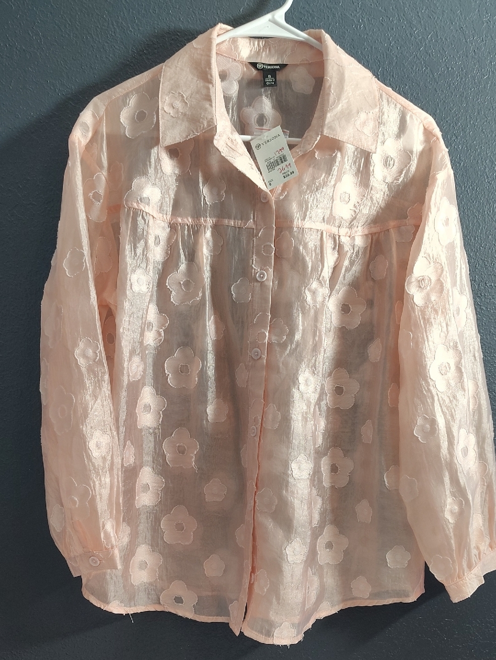 Versona Blush Pink Sheer Floral Button-Down Blouse